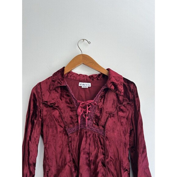 Vintage At Last & Co Red Velvet Crochet Lace Up Whimsigoth Top Size M - Picture 2 of 9